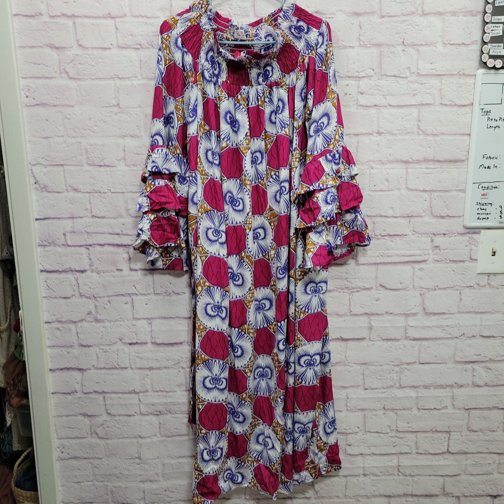 NEW Saish Boho African Print Maxi Dress Free Size Tiered Bell Sleeve Cottagecore